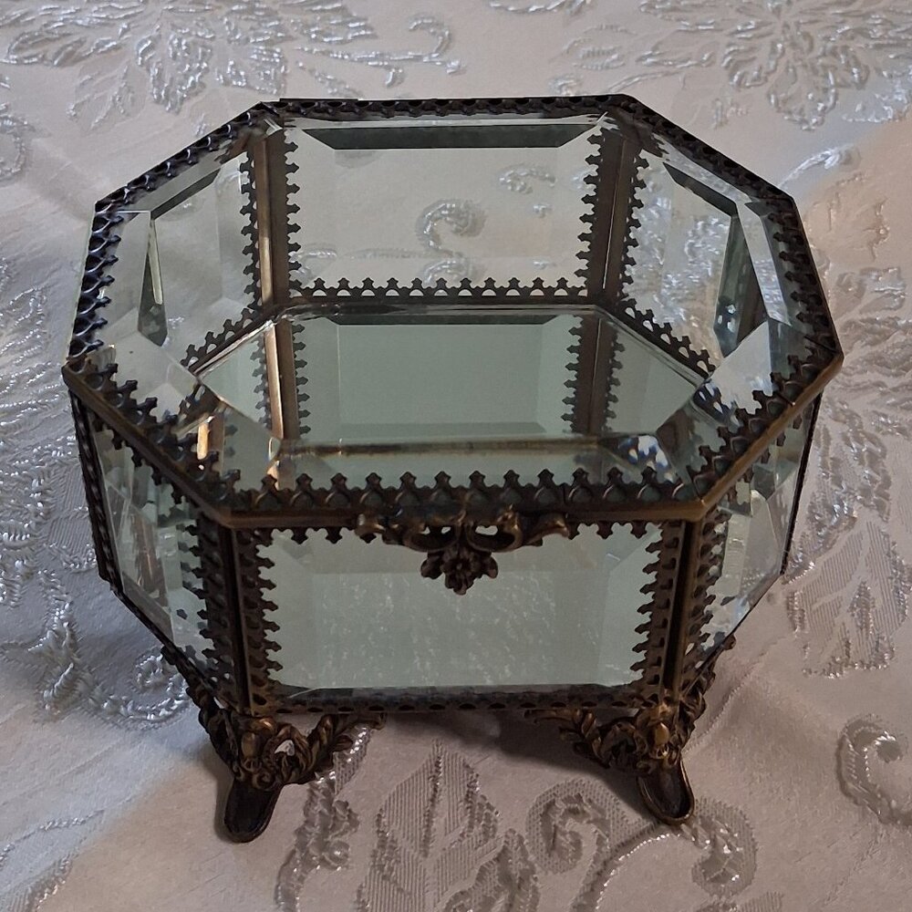 Nicole Miller Octagonal Bronzed Metal Glass Footed Jewelry/Trinket Box